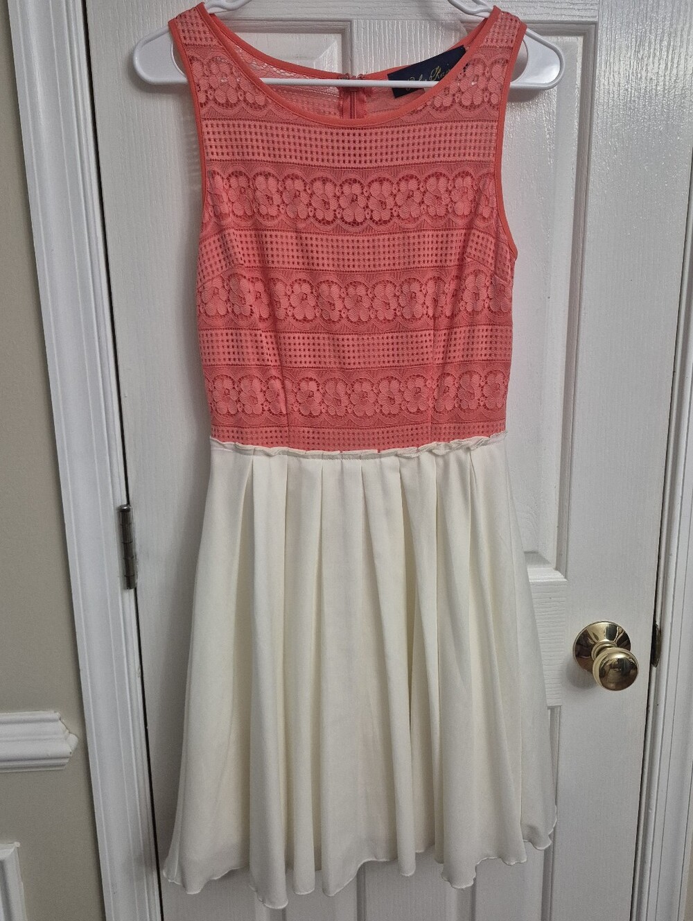 Blue Rain Coral Lace & Cream Pleated Fit & Flare Dress S